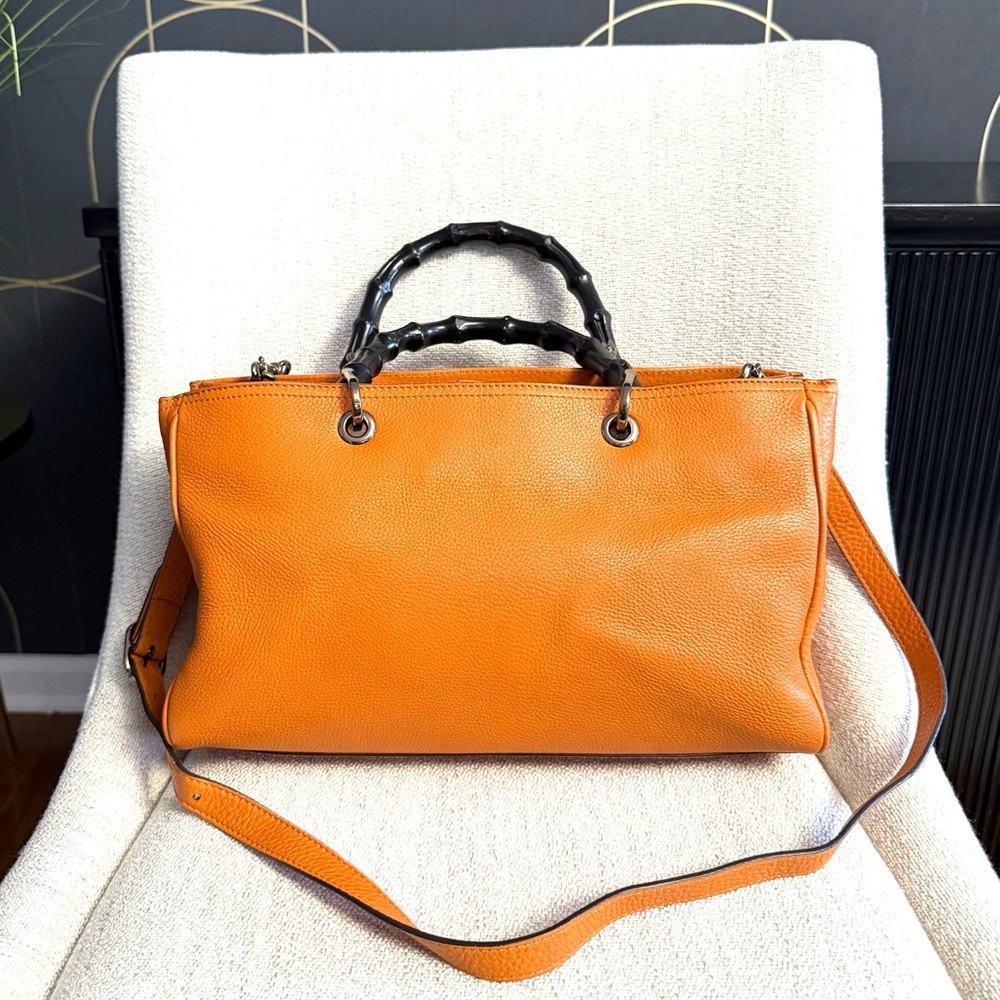 Gucci authentic satchel bag orange leather black bamboo handles with a strap - Picture 8 of 16